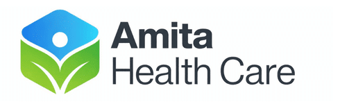 Amita Health Care logo featuring a blue and green abstract shape with a white circle, next to the text "Amita Health Care" in gray and green font.